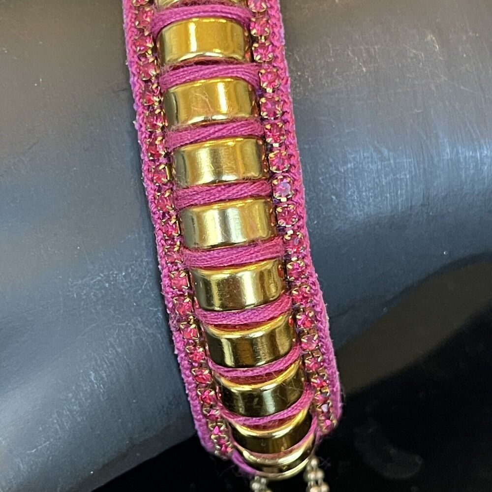 Deepa Gurnani Boho Pink Suede & Rhinestone Gold Tone Stud Fringe Bracelet 7.5”